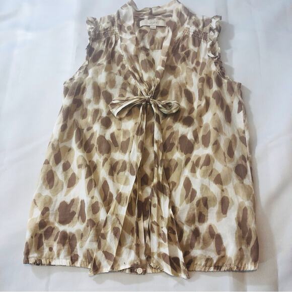 Ann Taylor Loft Tan Brown Animal Print Button Front Top Ruffled Sleeveless Bow - Picture 15 of 16